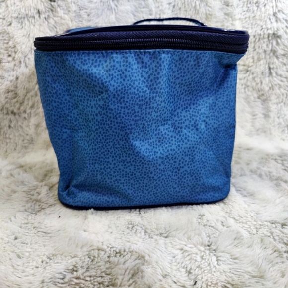 Estee Lauder Cosmetic Bag, Blue Dotted Canvas Upright Cube Makeup Travel Case - Picture 2 of 11